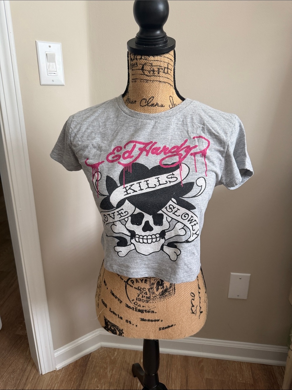 NWOT Ed Hardy Gray Crop Tee with Black Skull and Pink Script